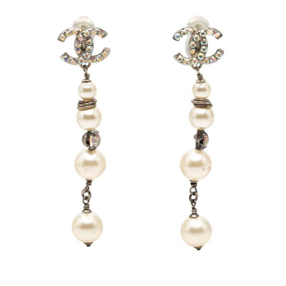 CHANEL Silver Pearl Logo Earrings